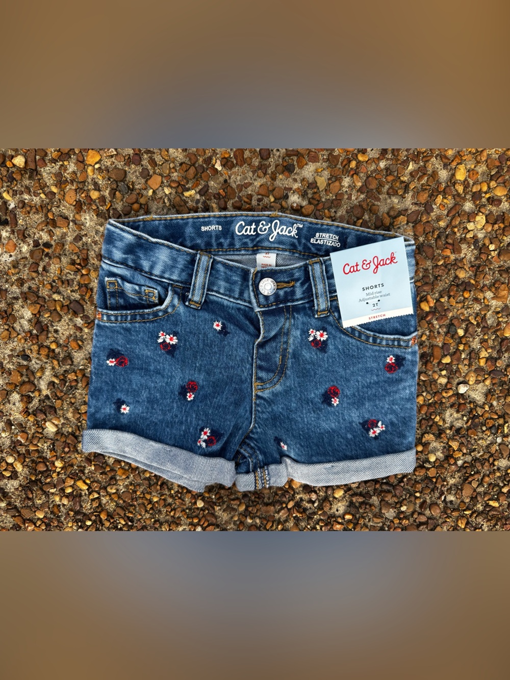 Cat & Jack Blue Denim Shorts with Red & White Floral Embroidery